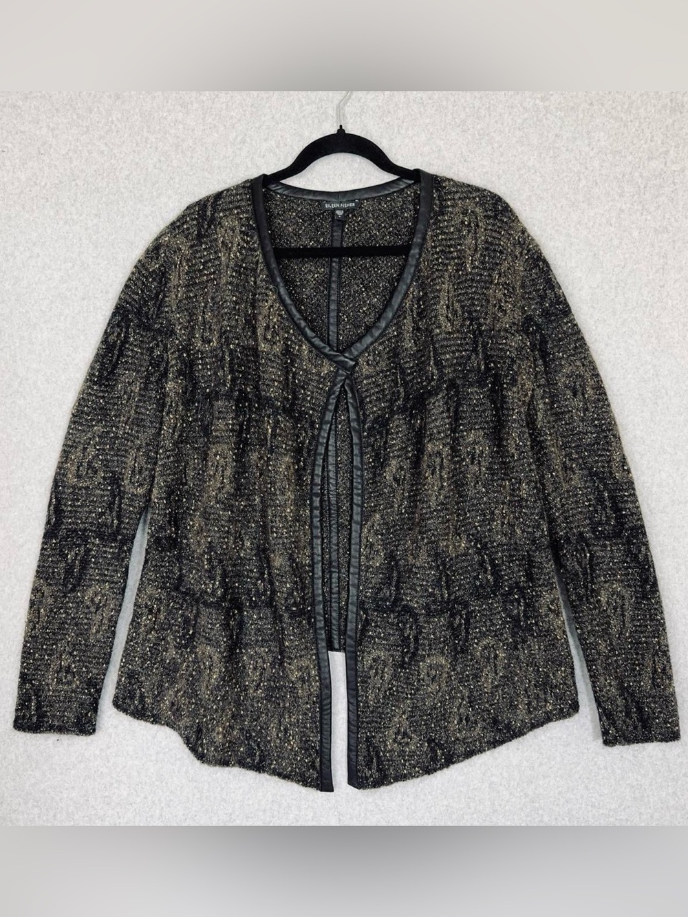 Eileen Fisher Cardigan Sweater Leather Trim Open Front Mohair Blend Womens Small - Picture 2 of 14